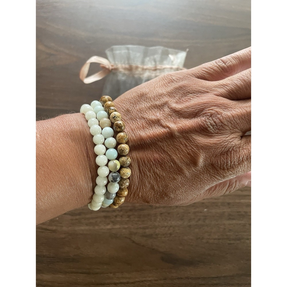 Set of 3 Natural Stone Beaded Stretch Bracelets – Amazonite, Jasper And Quartz - Picture 3 of 4